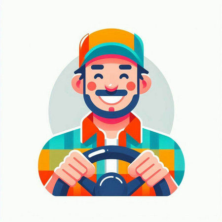 Vector illustration of a smiling man driving a car. Flat style.のイラスト素材