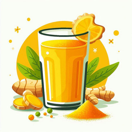 Vector illustration of a glass of fresh orange juice with ginger, lemon and turmericのイラスト素材