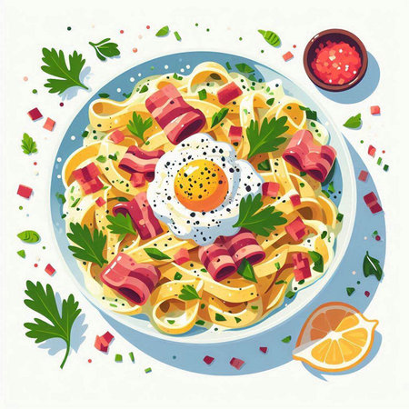 Pasta Carbonara with bacon, egg and parsley. Vector illustration.のイラスト素材