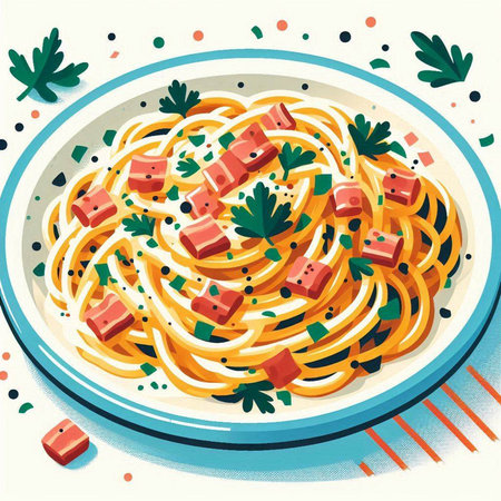 Spaghetti with salmon, tomato and parsley. Vector illustration.のイラスト素材