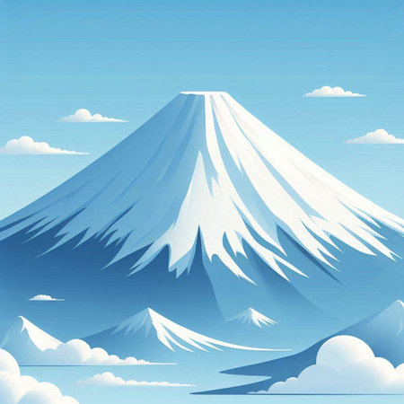 Illustration of Mt. Fuji with clouds on a blue sky backgroundのイラスト素材