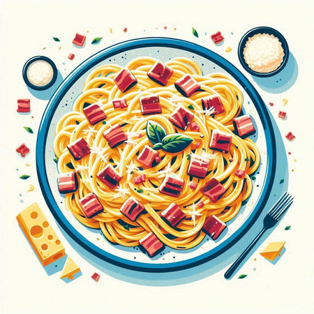 Spaghetti with cheese and tomato sauce. Vintage style vector illustration.のイラスト素材