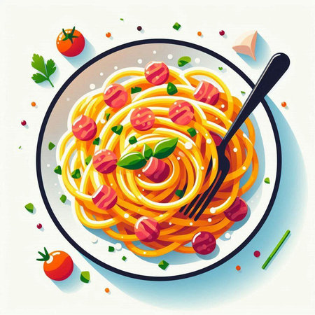 Spaghetti with tomato sauce and basil on a plate. Vector illustration.のイラスト素材