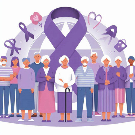 Vector illustration of an elderly couple with a breast cancer awareness ribbon.のイラスト素材