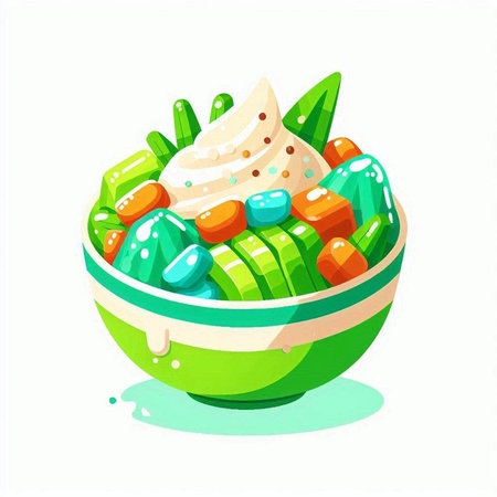 Vector illustration of a green bowl full of colorful pills and capsules.のイラスト素材