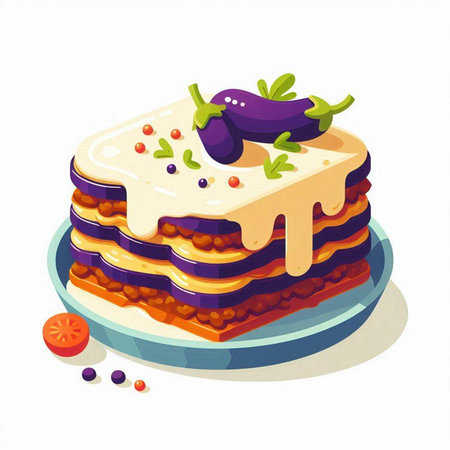 Illustration of a piece of lasagna with eggplant, tomato and sauceのイラスト素材
