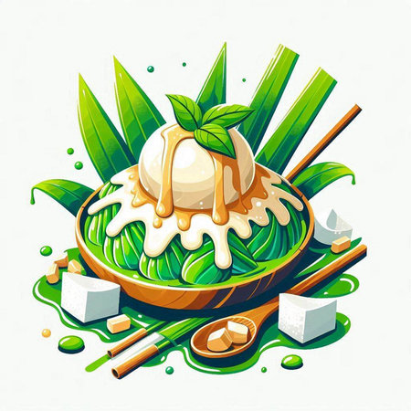 Illustration of ice cream in a bowl with spoon and chopsticksのイラスト素材