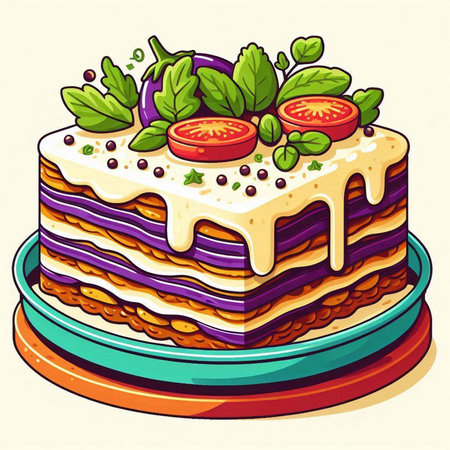 Illustration of a slice of layered layered lasagna on a plateのイラスト素材