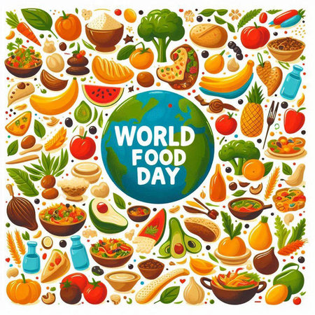 World food day poster with cartoon doodle icons. Vector illustrationのイラスト素材