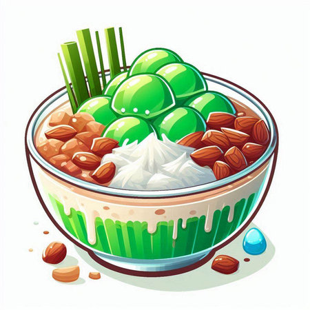 Illustration of a bowl of nuts and candied fruits. Vector.のイラスト素材
