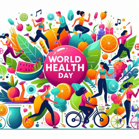 World health day banner with people and healthy food. Vector illustration.のイラスト素材