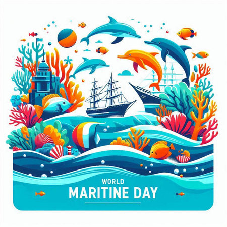 Marine day poster with cartoon sea animals and ship, vector illustrationのイラスト素材