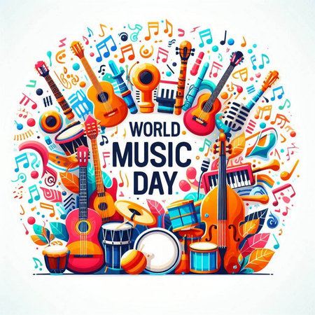 World music day poster with musical instruments in circle shape. Vector illustrationのイラスト素材