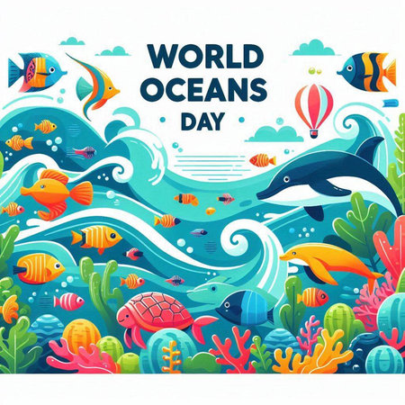 World Ocean Day poster with cartoon fish and corals. Vector illustrationのイラスト素材