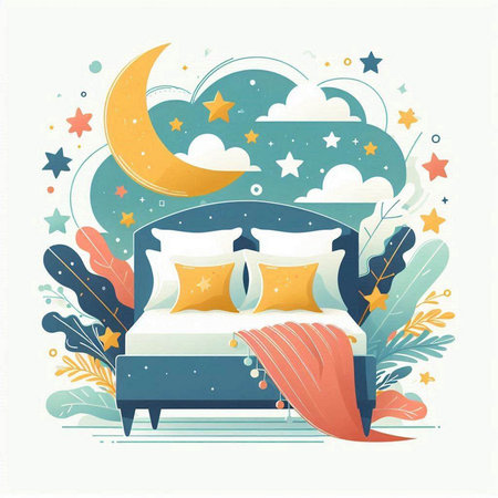 Vector illustration of a bed with a pillow and a crescent moonのイラスト素材