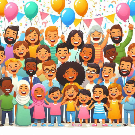 Happy big group of diverse people having fun together. Cartoon vector illustration.のイラスト素材