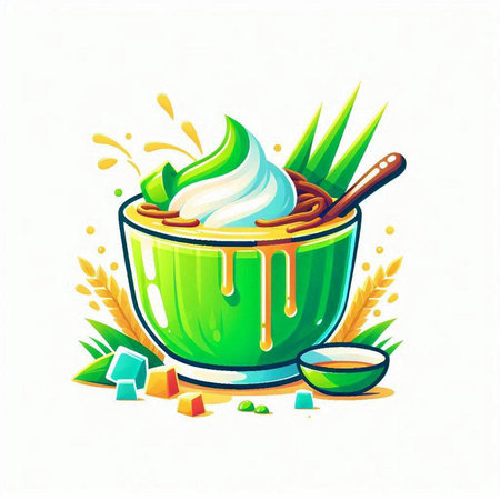 Vector illustration of green bowl with honey and ice cream with spoon.のイラスト素材