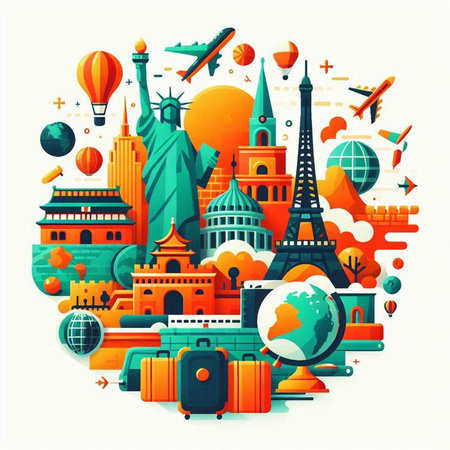 Travel around the world concept. Colorful vector illustration in flat styleのイラスト素材