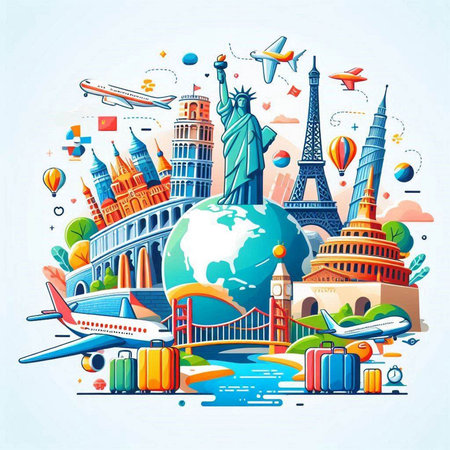 Travel around the world. Traveling around the world. Vector illustrationのイラスト素材