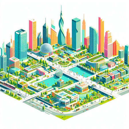 Modern city isometric composition with buildings and skyscrapers, vector illustrationのイラスト素材