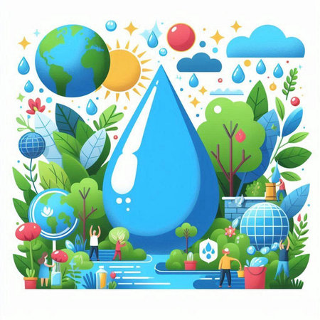 Save the planet concept with water drop and people around. Vector illustrationのイラスト素材