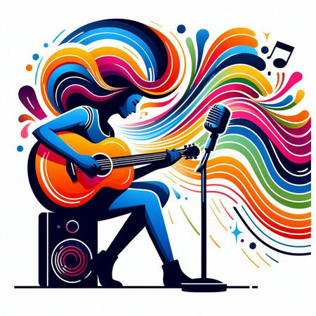vector illustration of girl playing the guitar on the background of colorful wavesのイラスト素材