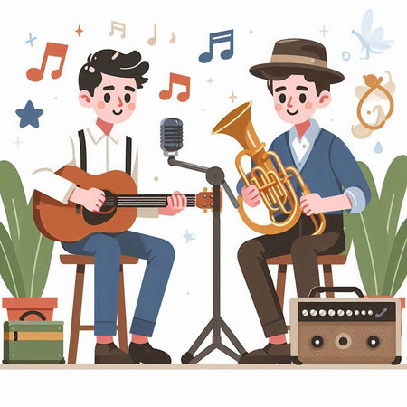 Musicians with musical instruments. Vector illustration in flat cartoon style.のイラスト素材