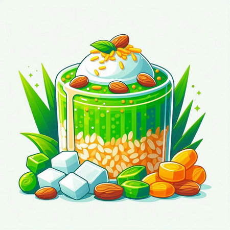 Illustration of a green tea with almonds and cubes of sugar on a white backgroundのイラスト素材