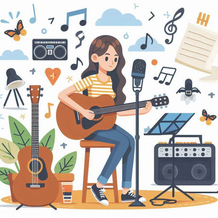 Vector illustration of a girl playing the guitar on the background of music instruments.のイラスト素材