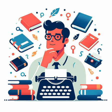 Man writer with typewriter and books. Vector illustration in flat styleのイラスト素材