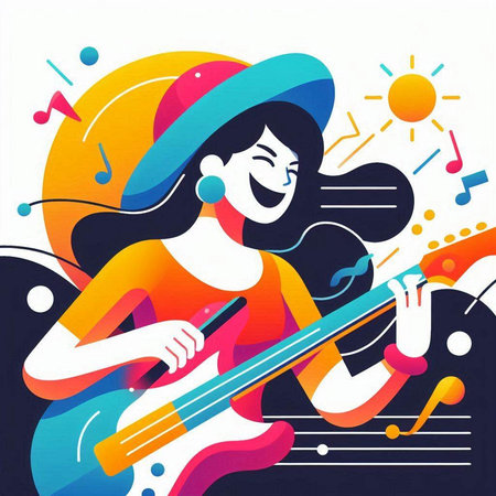 Vector illustration of girl playing the electric guitar on colorful background with musical notes.のイラスト素材