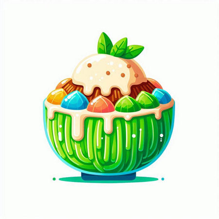 Cupcake with ice creamrated with mint leaves. Vector illustration.のイラスト素材