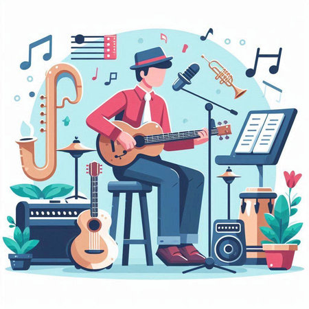 Musical instruments. Flat style vector illustration. Musician playing guitar.のイラスト素材