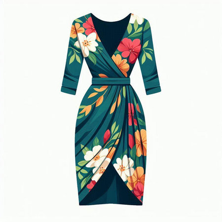 Vector illustration of a long green dress with floral pattern on a white backgroundのイラスト素材