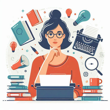Woman writer with typewriter and books. Vector illustration in flat styleのイラスト素材