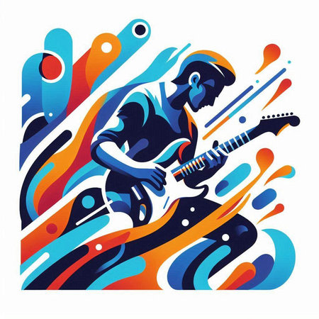 Guitar player on abstract background with liquid shapes. Vector illustration.のイラスト素材