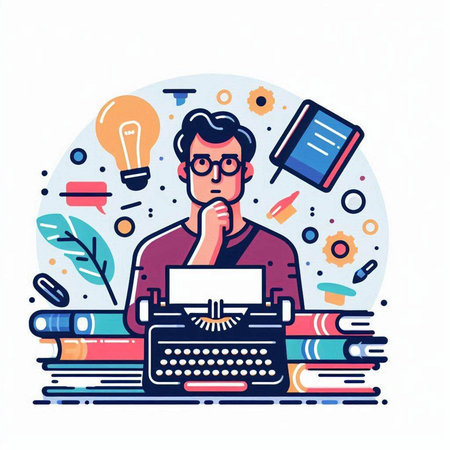 Vector illustration of a writer working with typewriter and books on white backgroundのイラスト素材