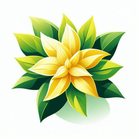 Illustration of a yellow flower with green leaves on a white backgroundのイラスト素材