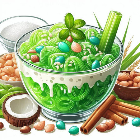 Green chinese noodle in bowl with coconut. Vector illustration.のイラスト素材