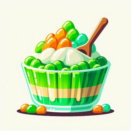 Colorful jelly candies in a bowl with spoon. Vector illustration.のイラスト素材