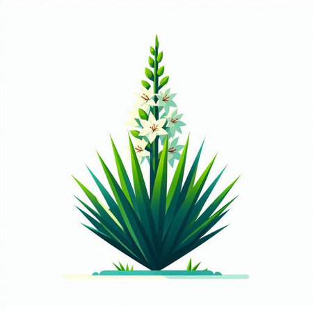Beautiful blooming yucca plant with white flowers and green leaves. Vector illustration.のイラスト素材