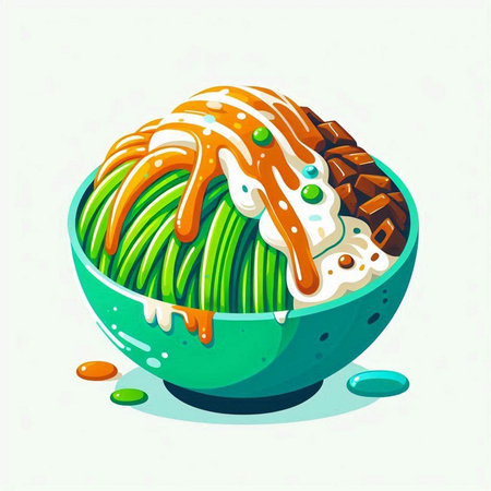 Bowl of rice noodle with sauce and vegetables. Vector illustration.のイラスト素材