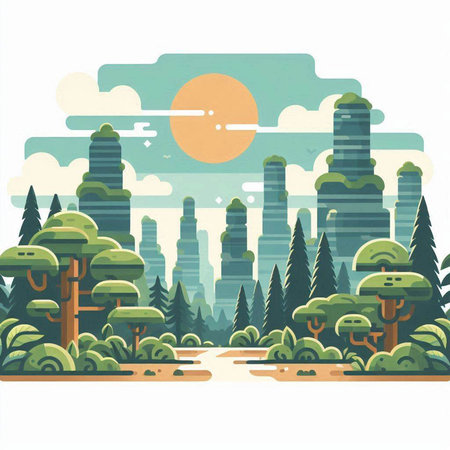 Landscape of the forest in the flat style. Vector illustration.のイラスト素材