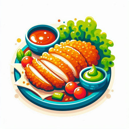 Illustration of fried chicken with sauce on plate. Vector illustration.のイラスト素材