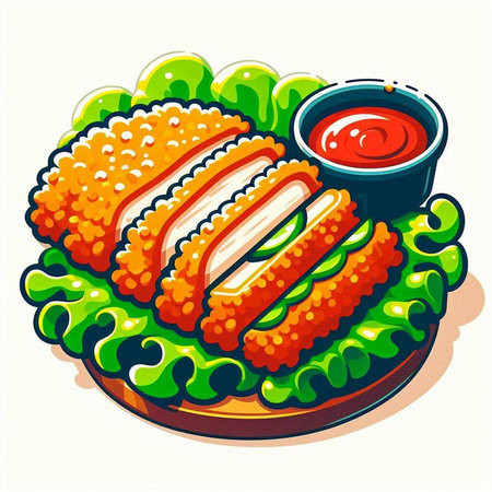Illustration of a sushi roll with salmon, lettuce, cheese and tomato sauceのイラスト素材