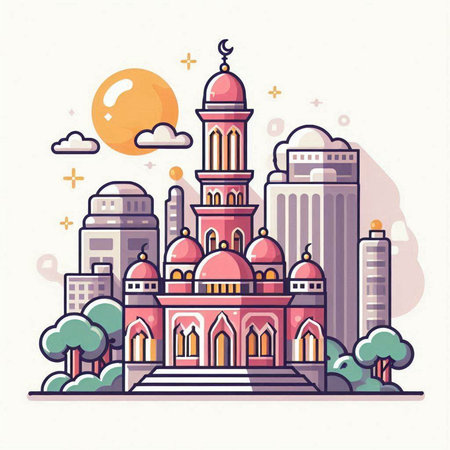 Mosque in the city. Vector illustration in flat design style.のイラスト素材