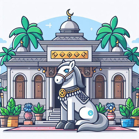Horse in front of the mosque. Vector illustration in flat styleのイラスト素材