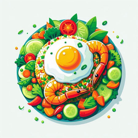 Fried egg with shrimps and vegetables. Vector illustration.のイラスト素材
