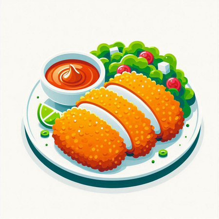 Illustration of fried cutlet with sauce on a white plate.のイラスト素材