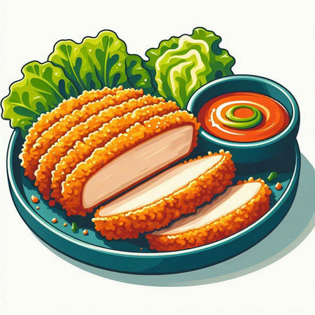Illustration of a plate of deep fried pork cutlets with sauceのイラスト素材